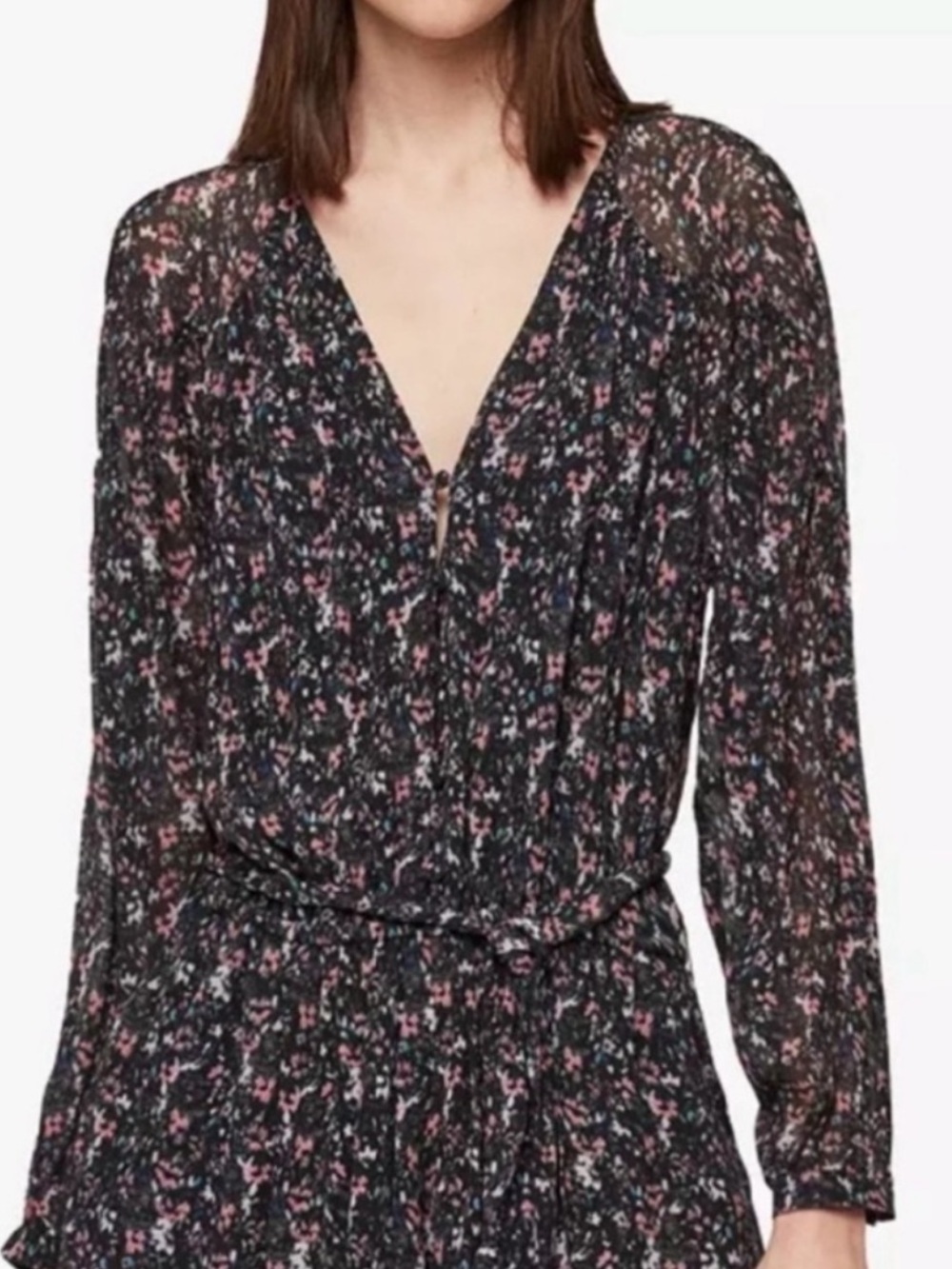 AllSaints Kaylee Stretch Floral Romper V-neck Long Sleeves Viscose size 4 - Picture 3 of 8